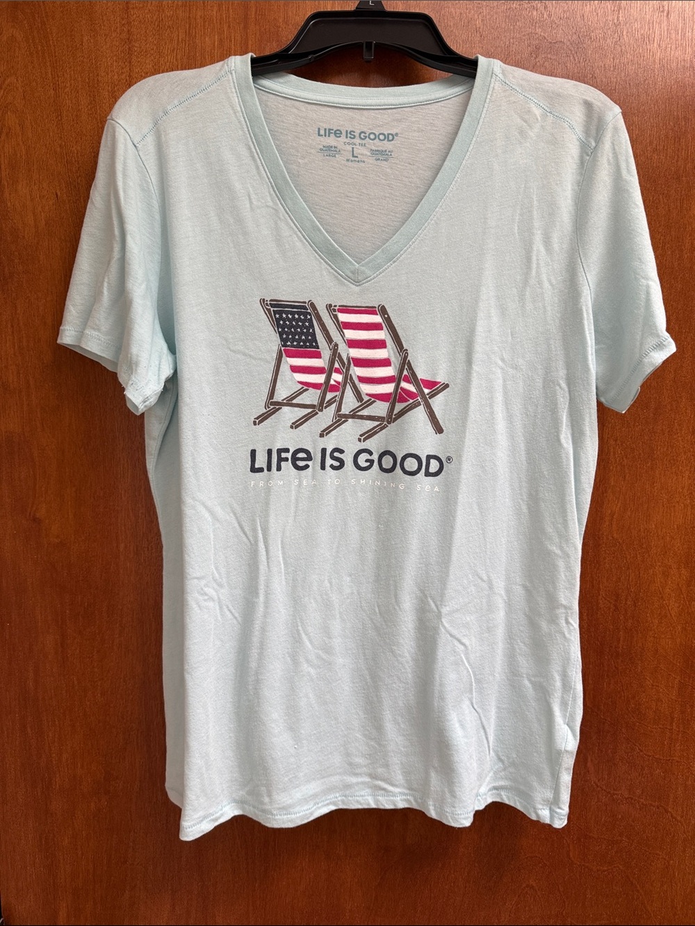 Life Is Good Light Blue V-Neck Tee with Flag Beach Chair Graphic